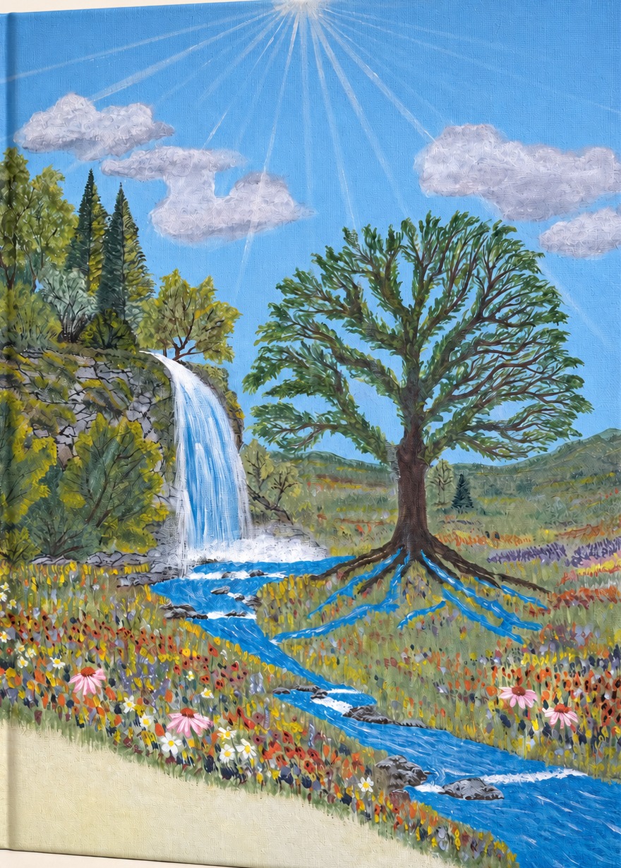BE: A Biblical Journey by Kim Gibson. Cover painting by Scott Gibson of a waterfall, a wildflower meadow, and a tree whose roots drink from the stream.
